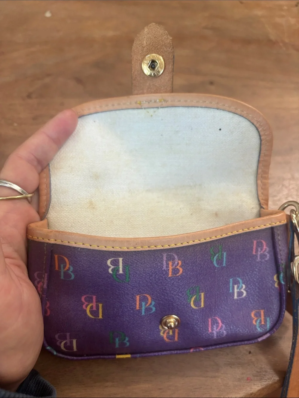 VINTAGE Dooney & Bourke Purple Multicolor Logo Wristlet with Tan Trim